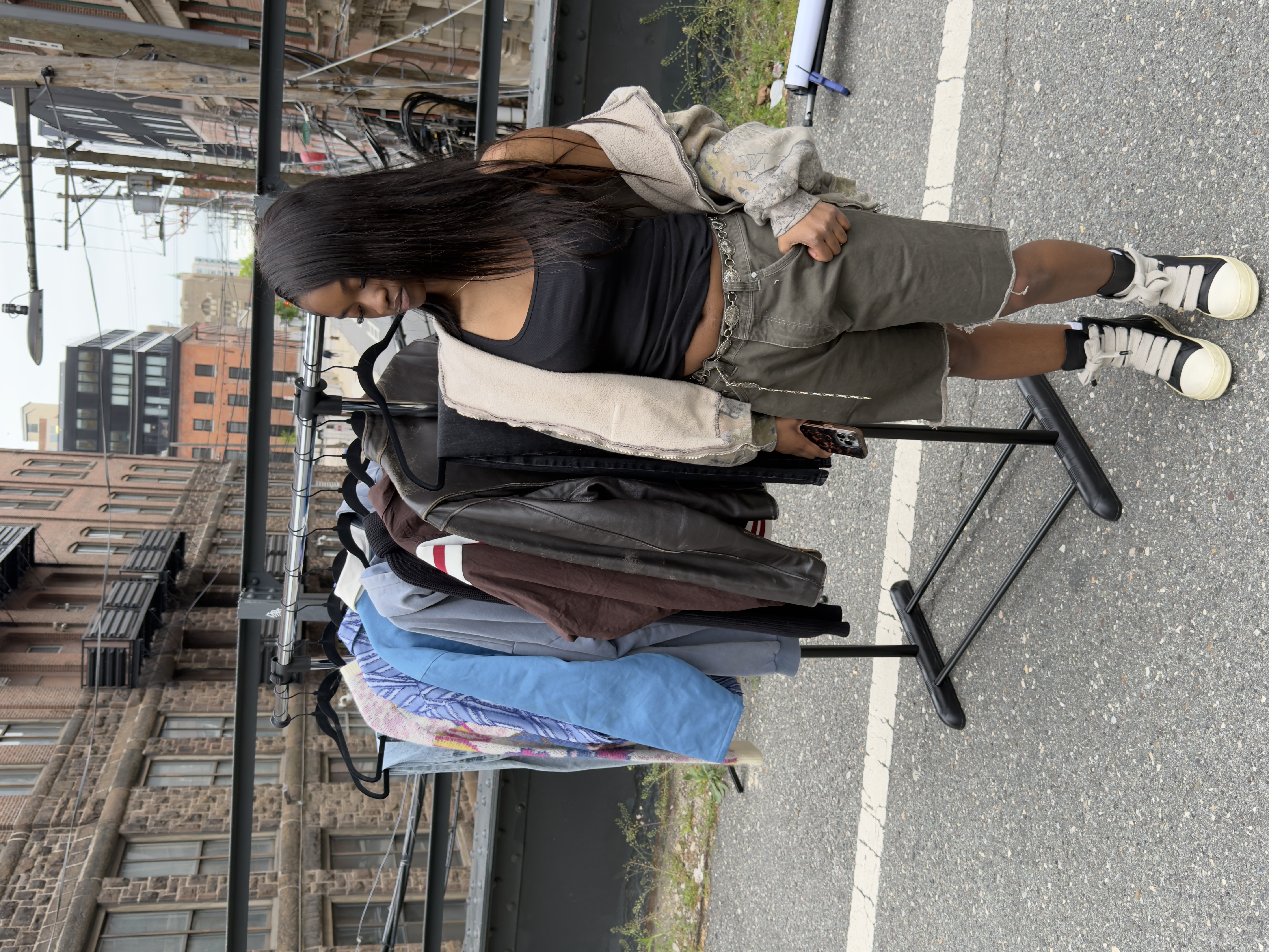 Lala - full look, at wardrobe rack, Rick Owens sneakers