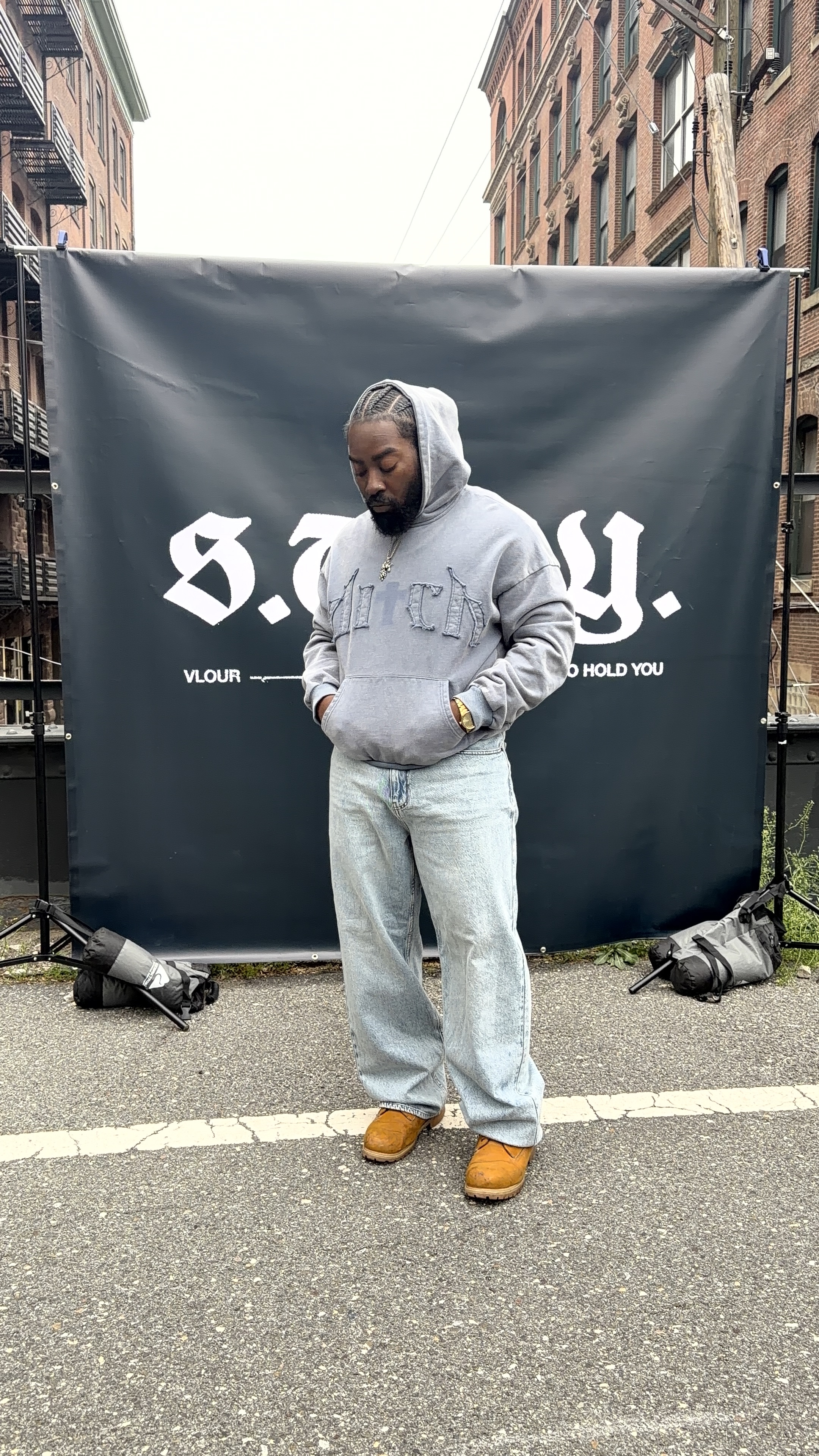 ditch hoodie - full front, looking down, Timberlands