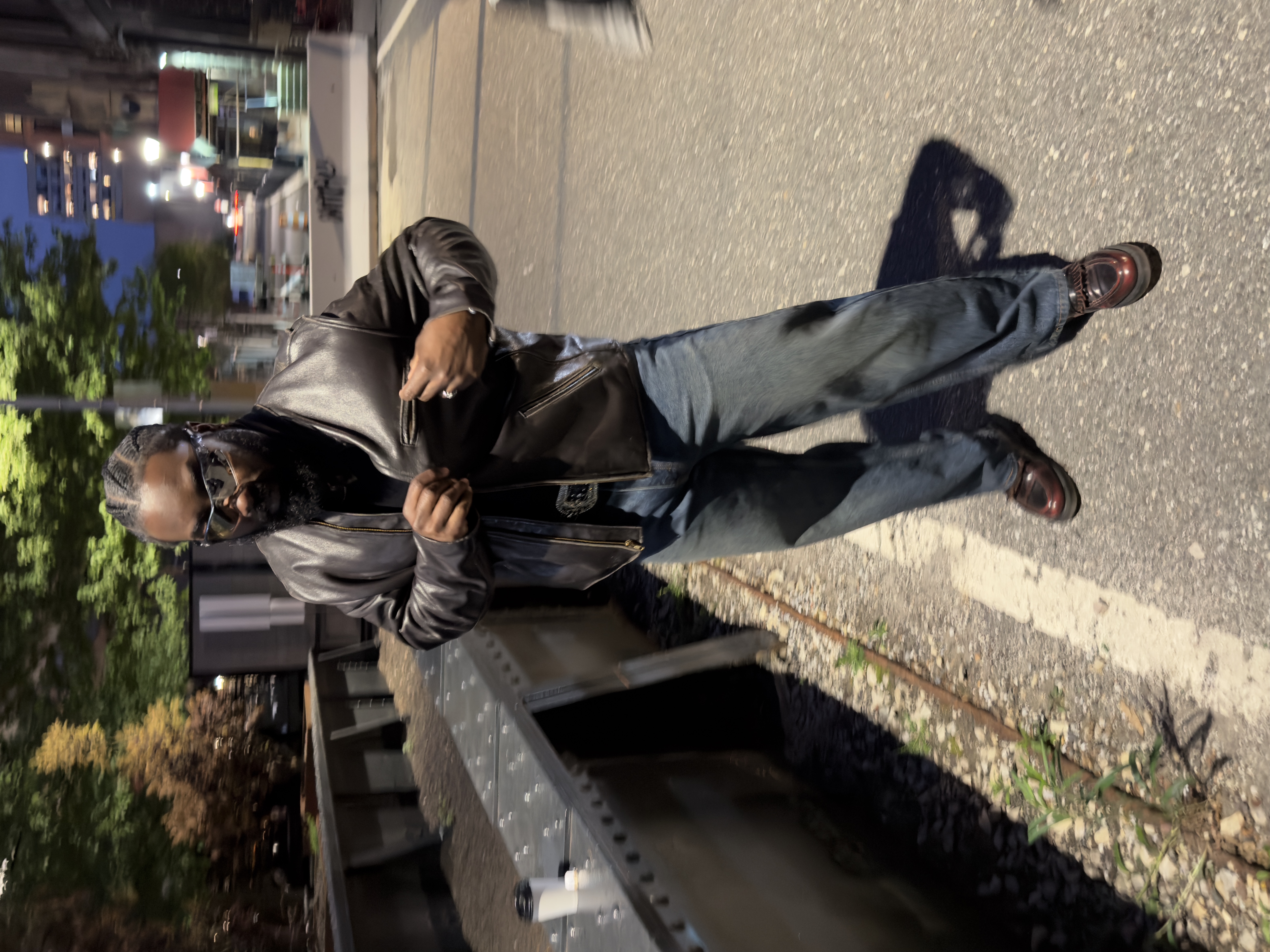 Leather jacket - street level, night, mirror shades