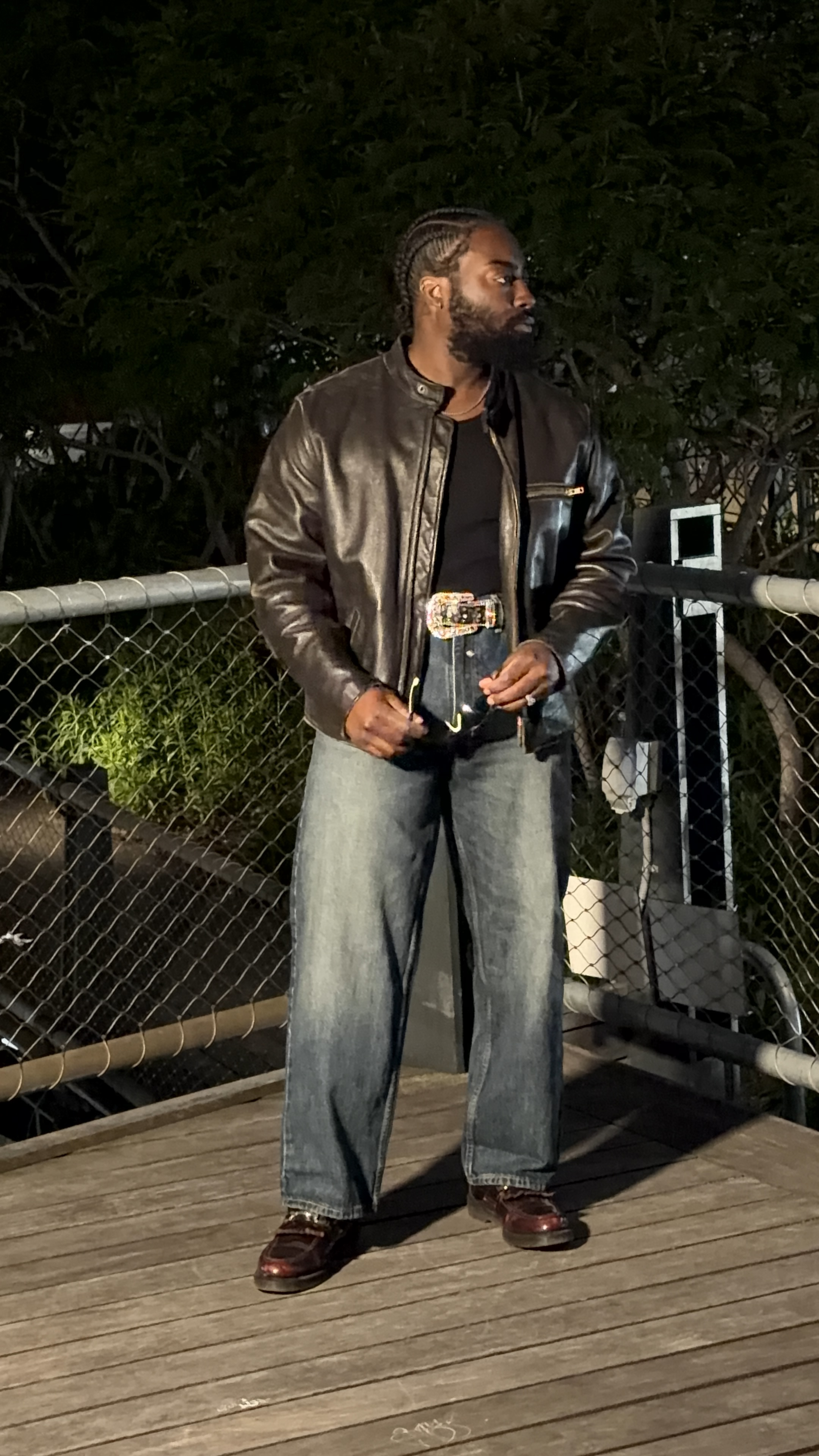 Leather jacket - bridge, night, full body front