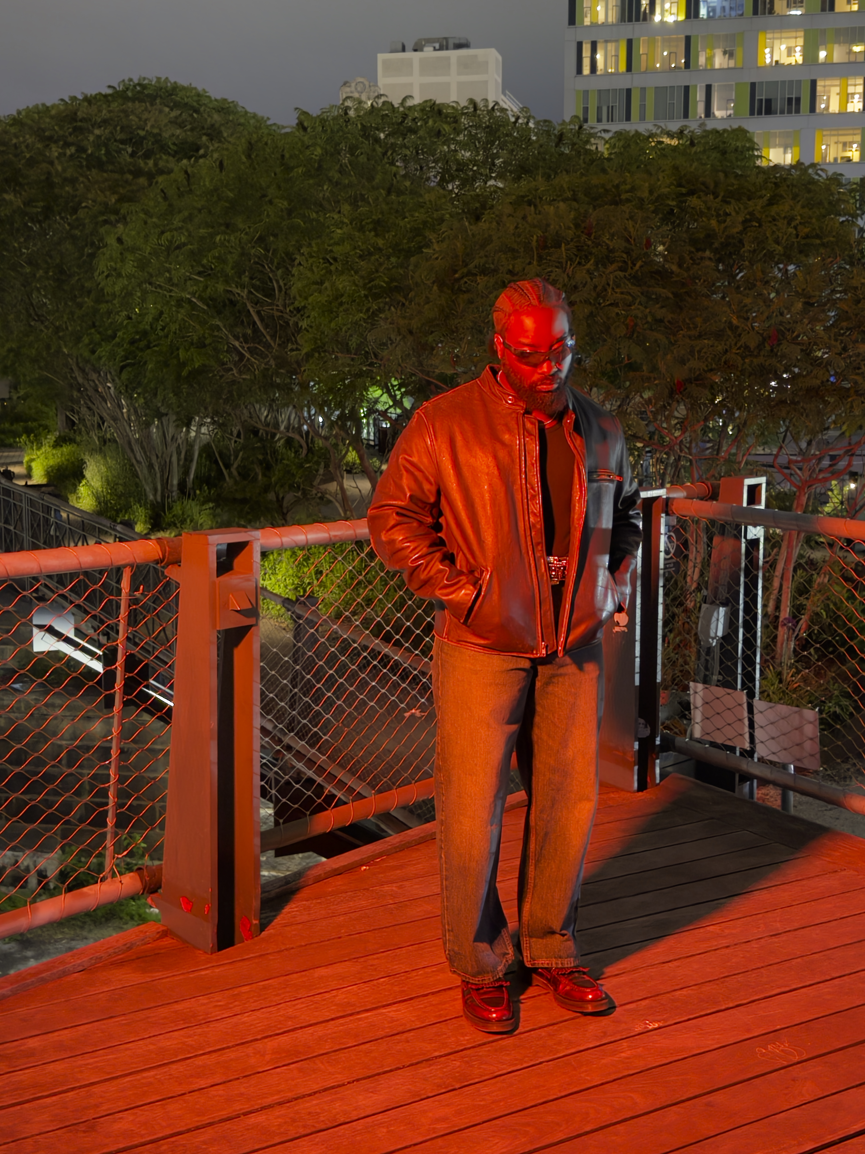 Leather jacket - full red wash, rooftop skyline